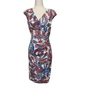 Lauren Ralph Lauren Dress Womens 6 Multicolor Paisley Ruched Sheath Knee Length